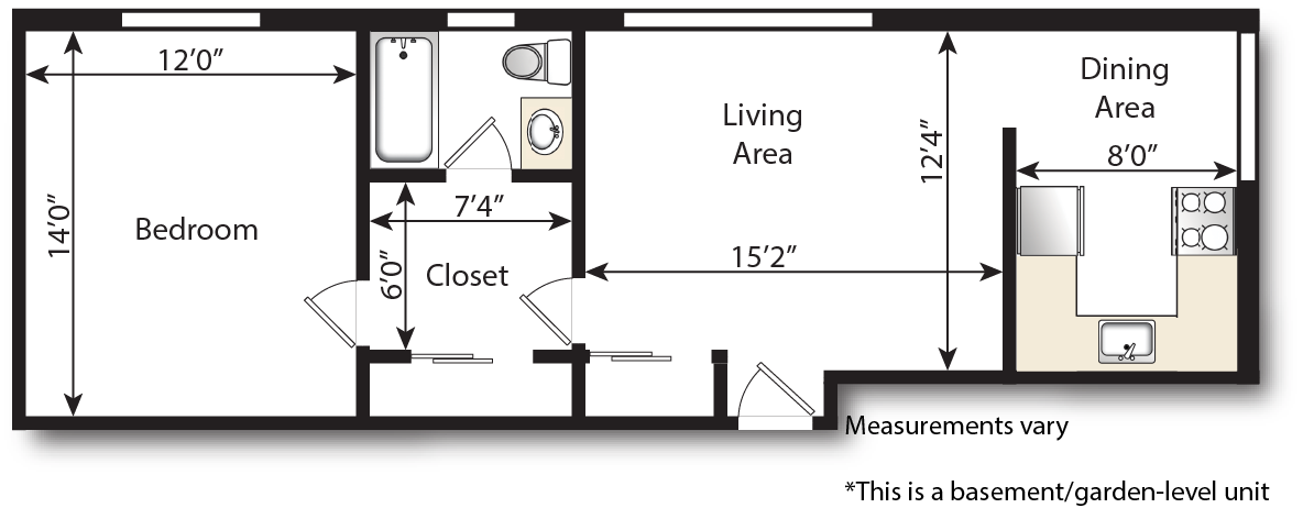 Floor plan for 1 bed, 1 bath, 585 sqft